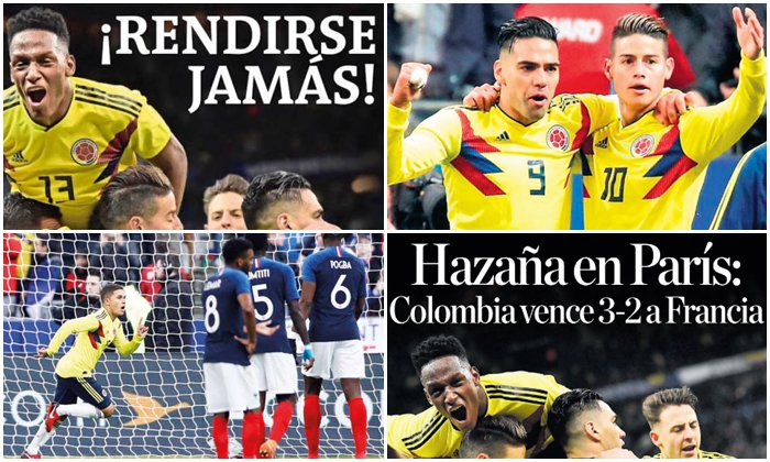 Galería: Así registró la prensa colombiana la victoria de la 'Tricolor' 3-2 ante Francia en París