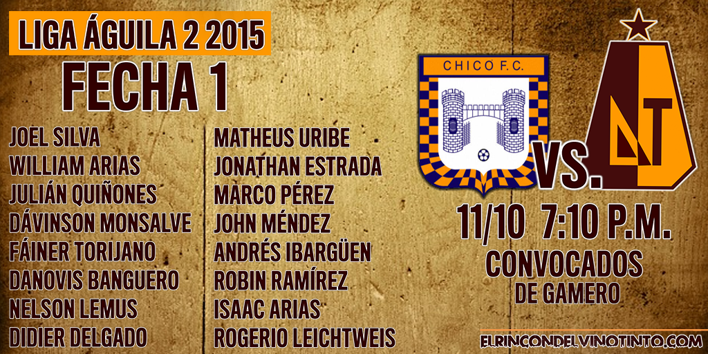 Estos son los convocados de DEPORTES TOLIMA para el juego ante Chicó, por la Liga Águila 2 2015