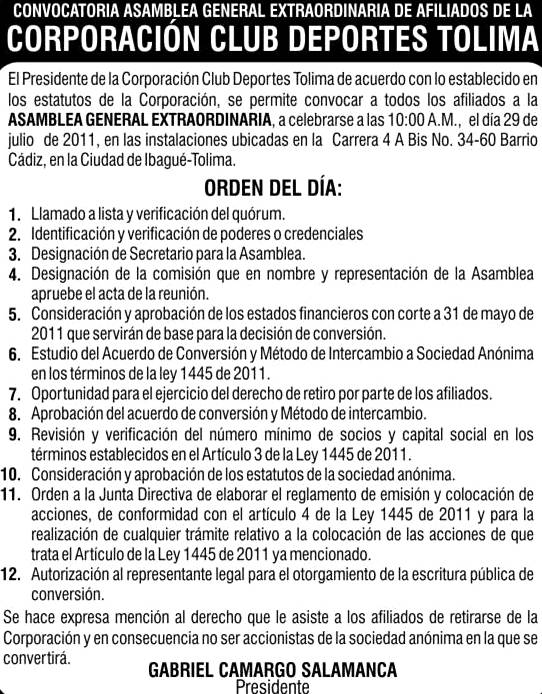 Atención: Convocatoria asamblea general extraordinaria de afiliados del Deportes Tolima