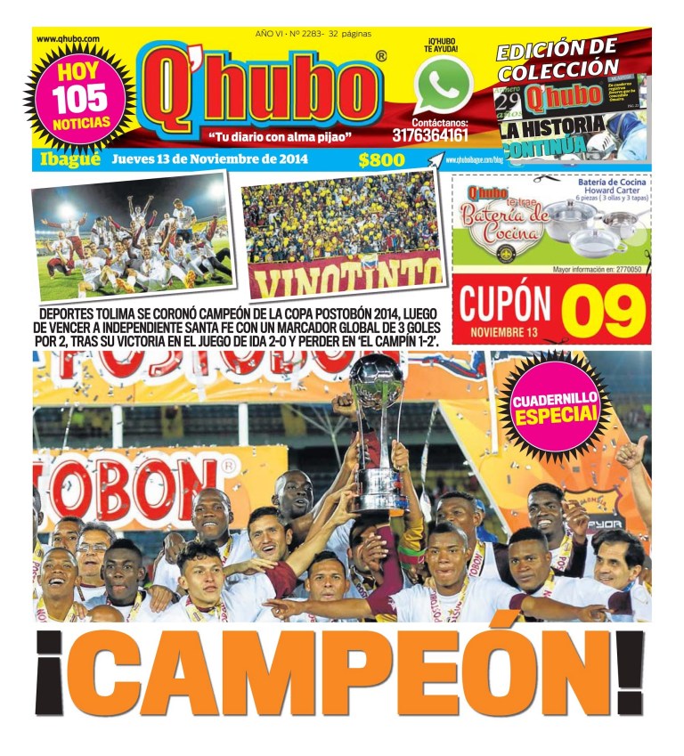 ¡Portadas para la eternidad! Así registraron Q'Hubo y EL NUEVO DÍA el título del DEPORTES TOLIMA en la Copa Postobón