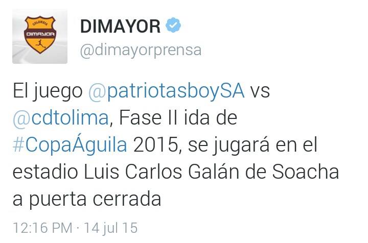Patriotas - DEPORTES TOLIMA, por los octavos de Copa Águila, se jugará a puerta cerrada