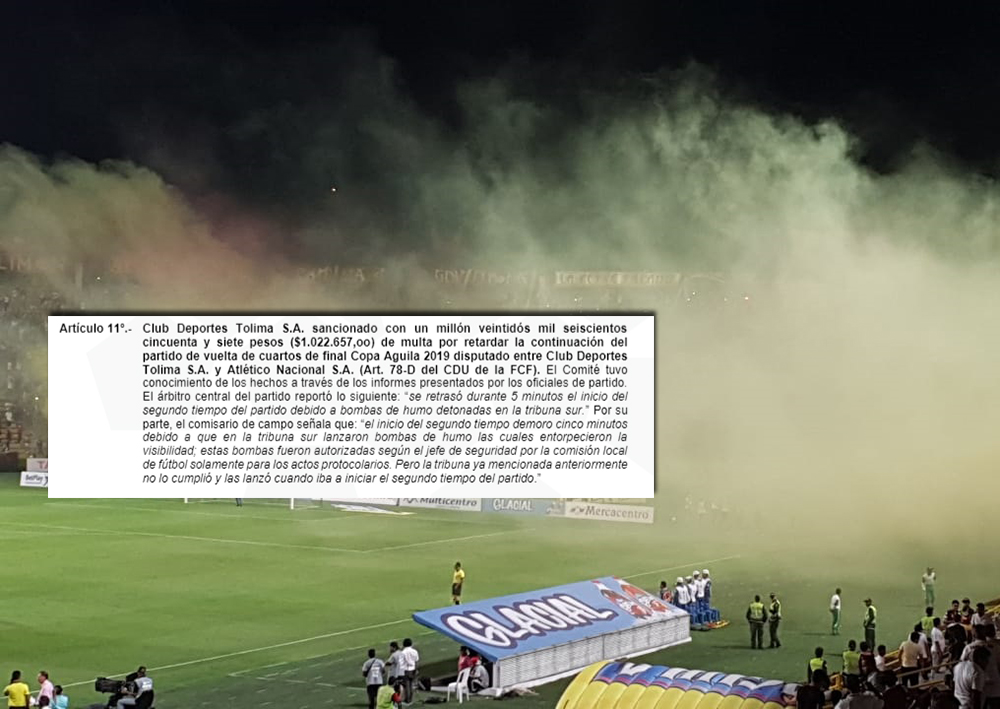 Dimayor multó a DEPORTES TOLIMA por salida de bengalas de su barra en el juego frente al Atlético Nacional